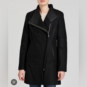 Calvin Klein Asymmetrical Faux Leather Trim Wool Coat
